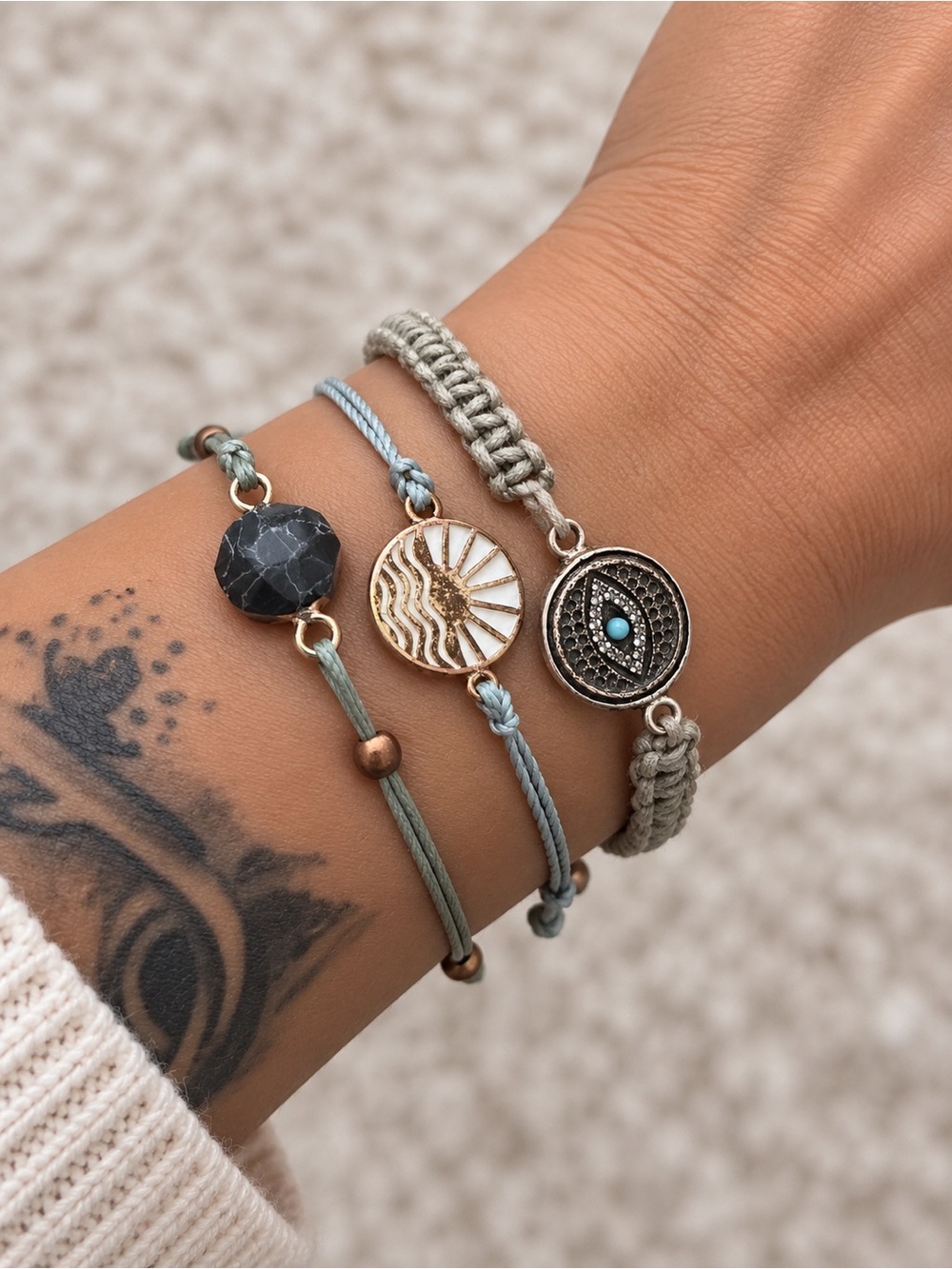 Boho Triple Charm Stackable Bracelet Set in Sage Green and Grey pura vida